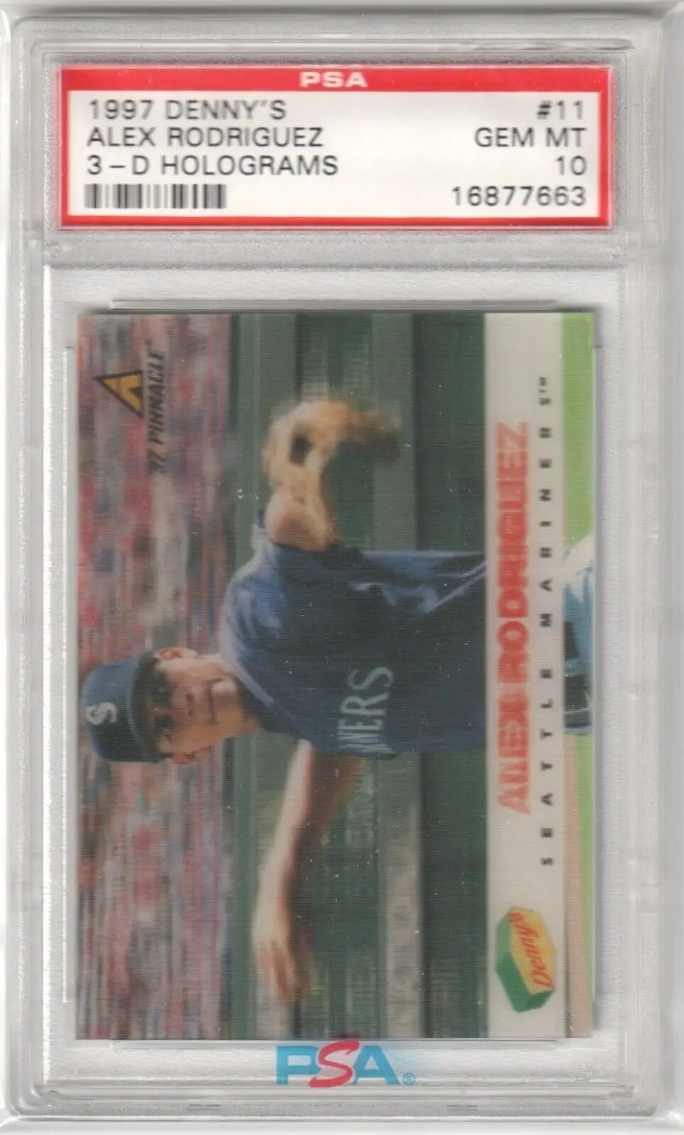 PSA-graded 1997 Denny’s 3-D hologram baseball card of Alex Rodriguez in protective case