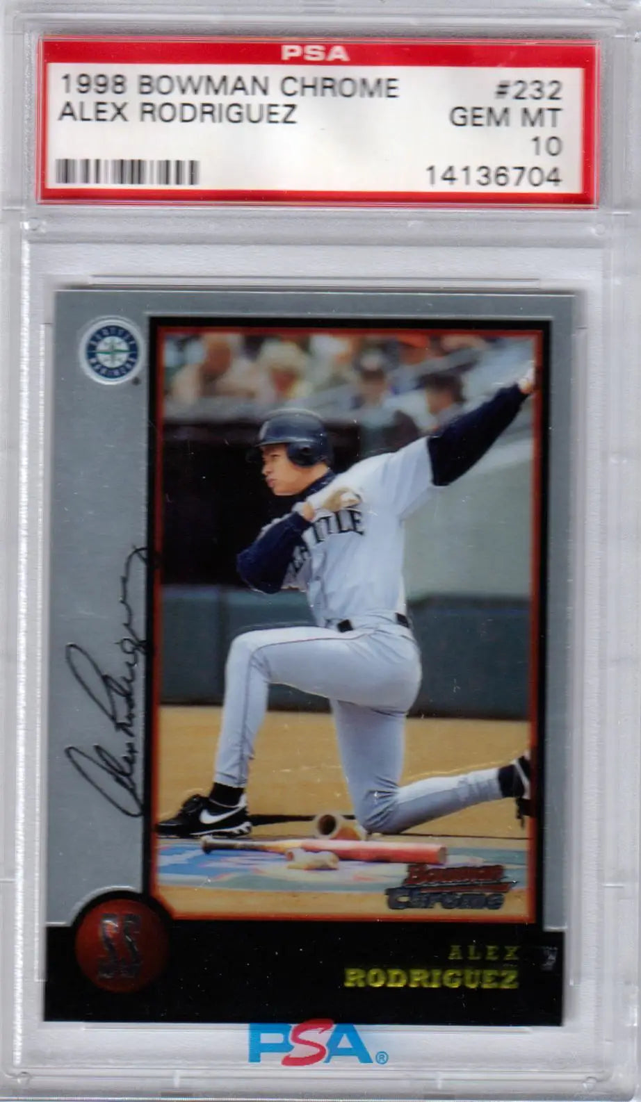 PSA-graded Alex Rodriguez 1998 Bowman Chrome baseball card in mid-swing for Columbia Hobby