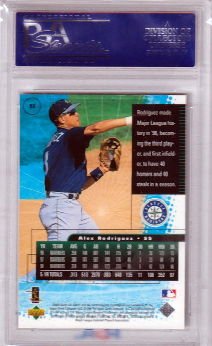 Baseball trading card of Alex Rodriguez in batting stance, Upper Deck Ionix, PSA 10