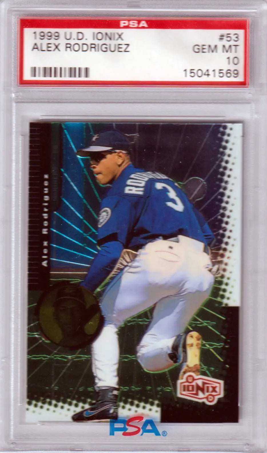 PSA-graded 1999 Upper Deck Ionix Alex Rodriguez baseball card in protective case