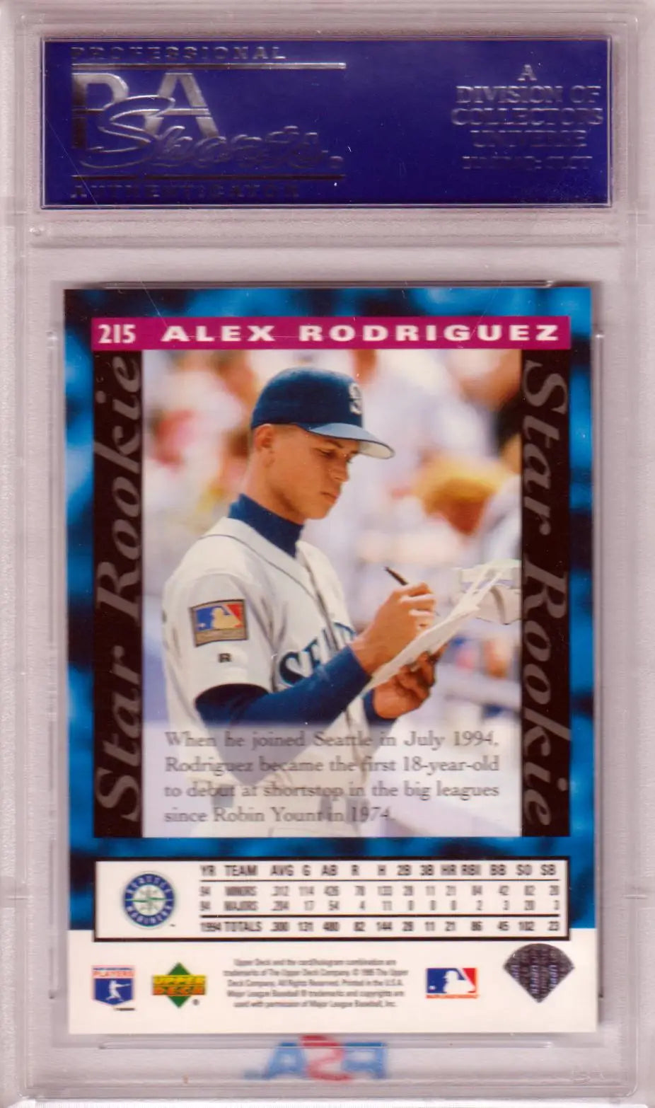 Alex Rodriguez 1995 Upper Deck Star Rookie #215 trading card in protective holder