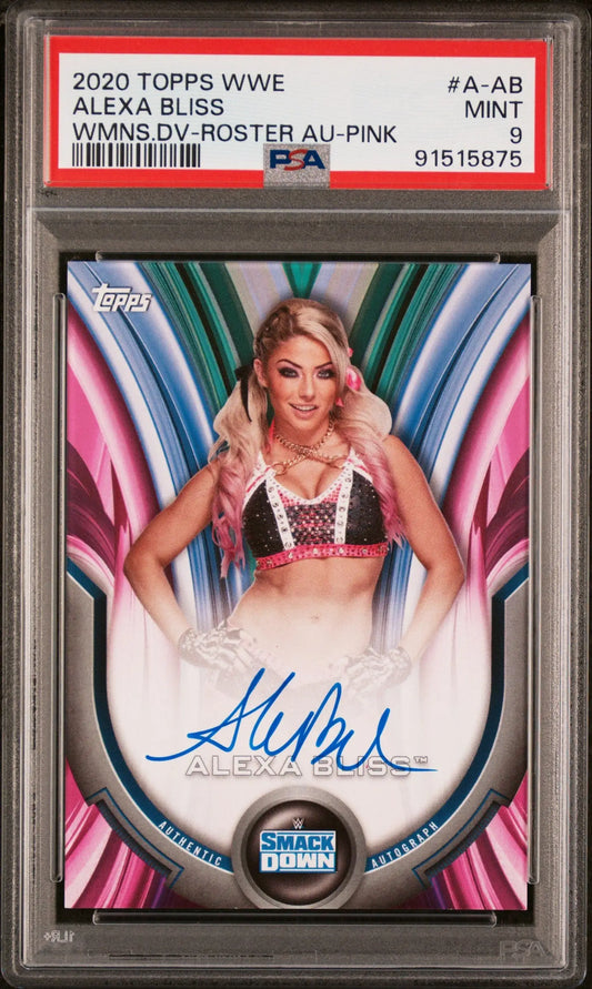 PSA-graded 2020 Topps WWE Pink Auto Alexa Bliss trading card with pink and silver design