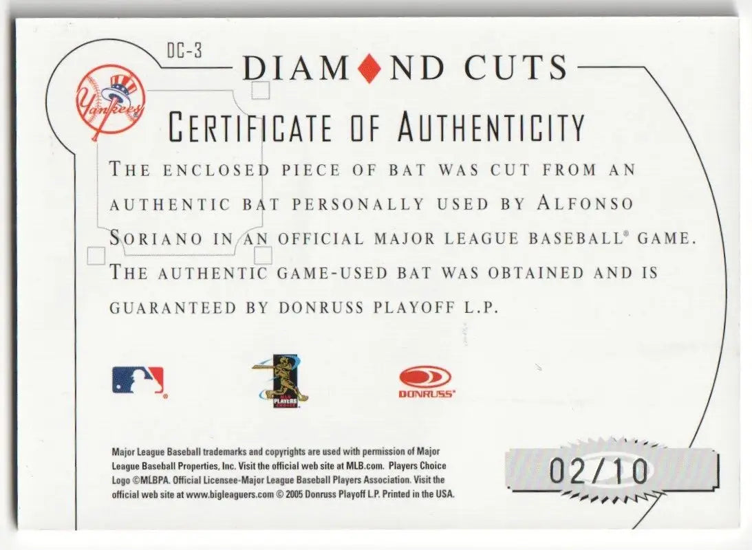 Baseball card certificate of authenticity for Alfonso Soriano Yankees single cards