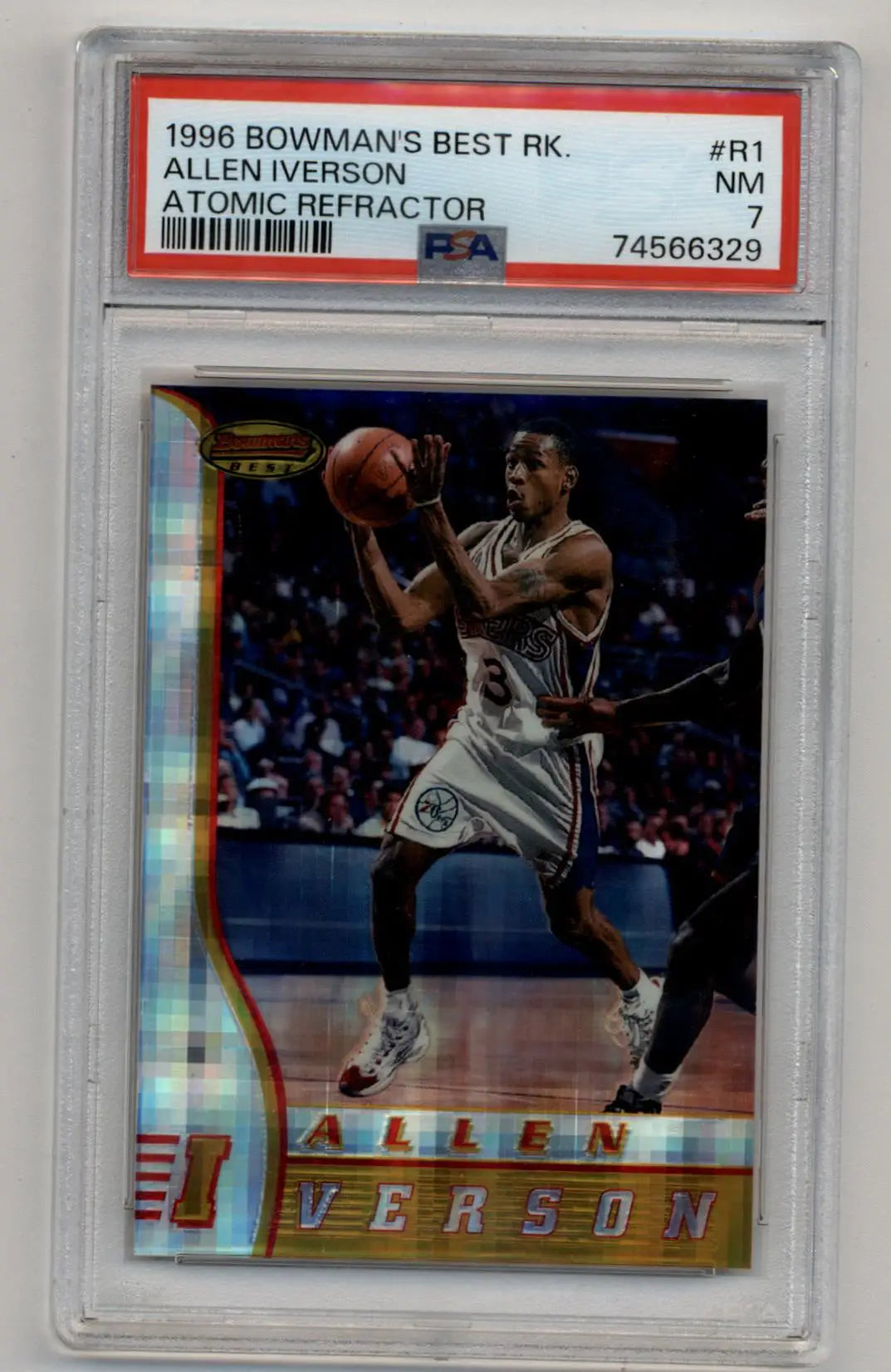 PSA graded 1996 Bowman’s Best Rookie Allen Iverson Atomic Refractor card in case