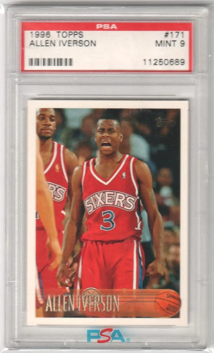 PSA-graded 1996 Topps Allen Iverson rookie card 76ers red jersey single card Columbia Hobby