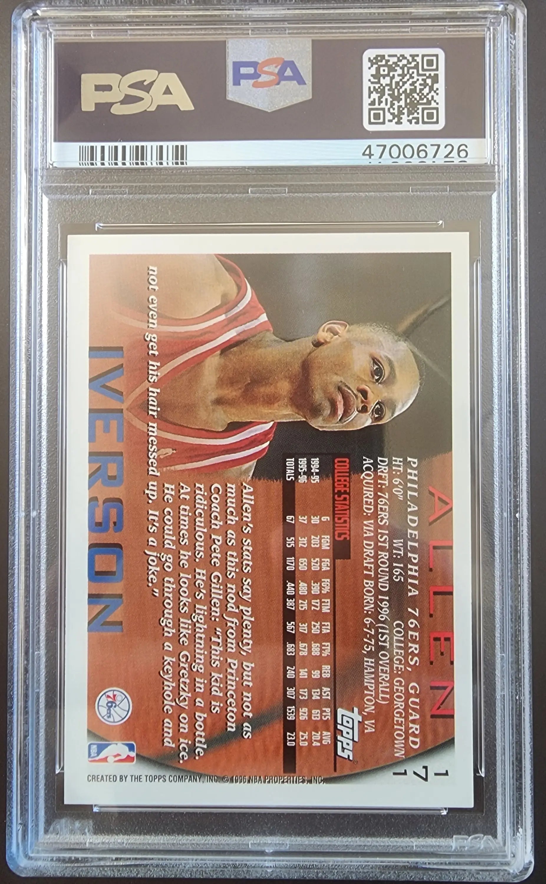 Allen Iverson 1996 Topps #171 PSA 10 Gem Mint trading card in red and white jersey