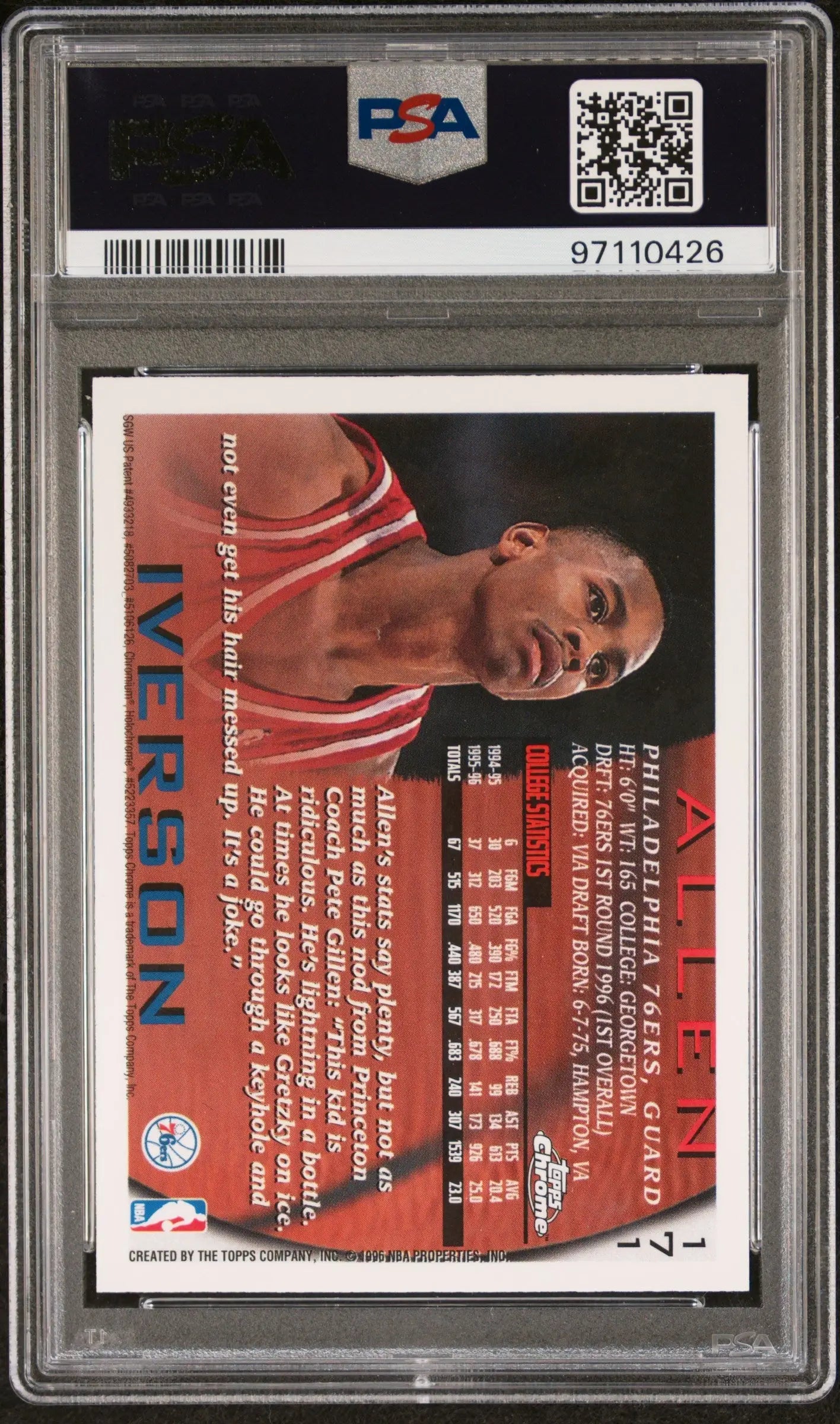 PSA-graded Allen Iverson 1996 Topps Chrome #171 Gem Mint basketball trading card