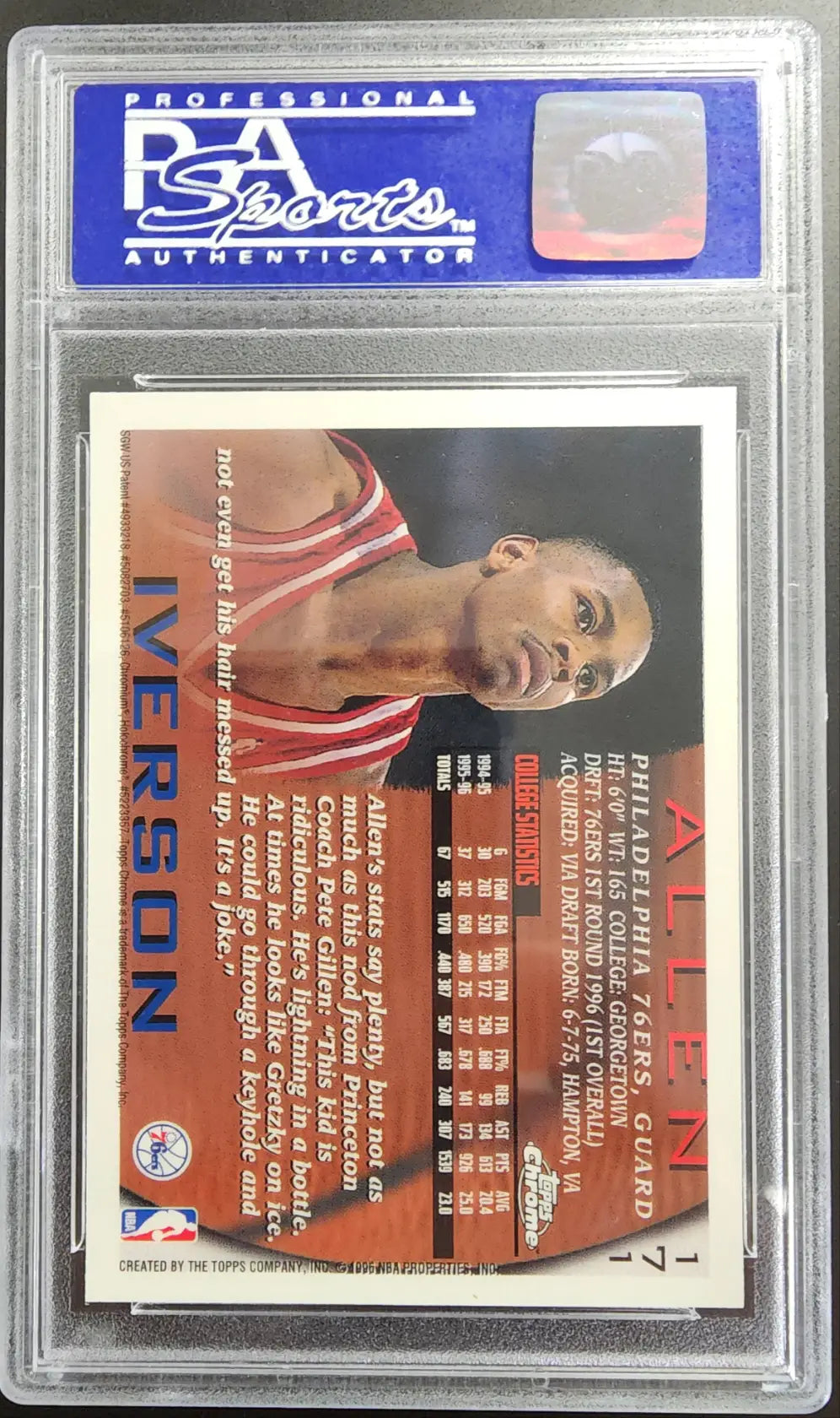 PSA-graded Allen Iverson 1996 Topps Chrome Rookie #171 card in protective case back view