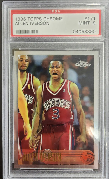 PSA-graded 1996 Topps Chrome Rookie card of Allen Iverson in red #3 jersey