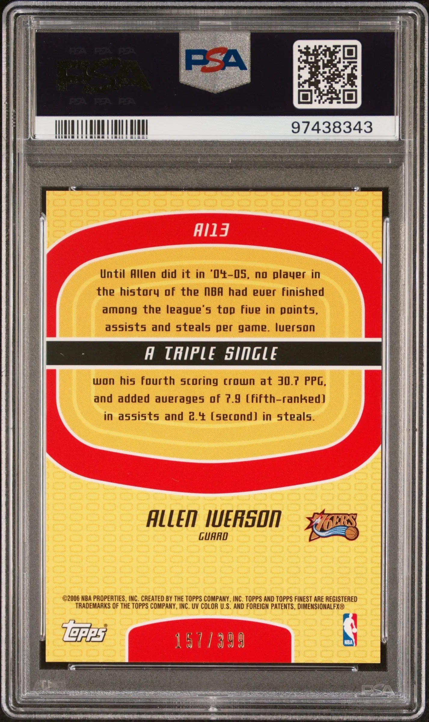 Back side of Allen Iverson Finest Boxloader card with red and yellow stats in Gem Mint condition