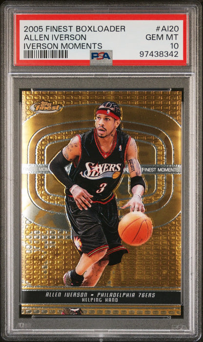 PSA 10 Gem Mint Allen Iverson 2005 Finest Boxloader basketball card dribbling in black jersey