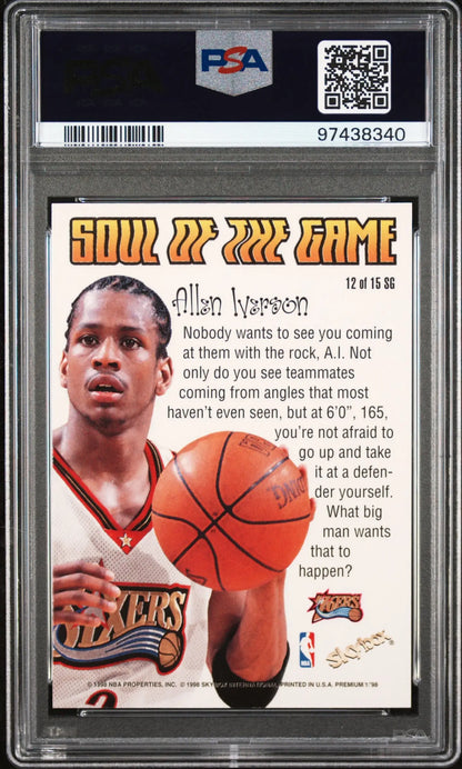 Allen Iverson 1998 Skybox Premium Soul of the Game card in red jersey holding basketball