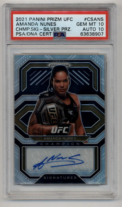 PSA-graded Amanda Nunes 2021 Prizm UFC Champions Auto Silver trading card with belt