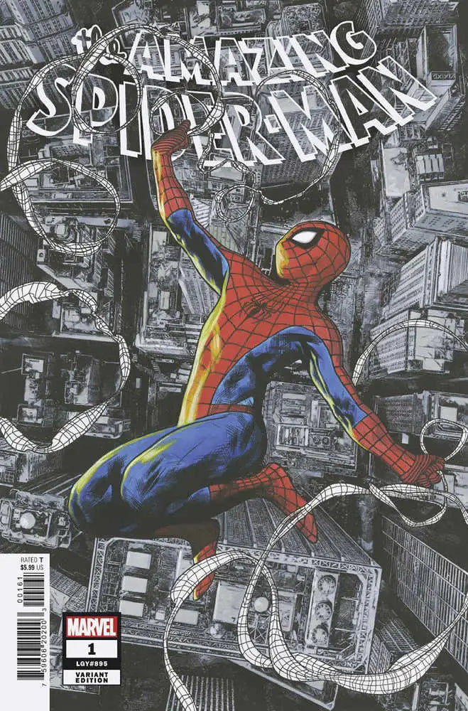 Spider-Man swings in red and blue costume over city art in Amazing Spider-Man #1 Charest Variant trading cards