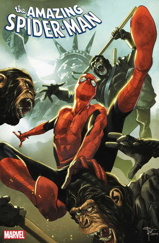 Spider-Man swinging into action with foes and the Statue of Liberty in Amazing Spider-Man #19 variant