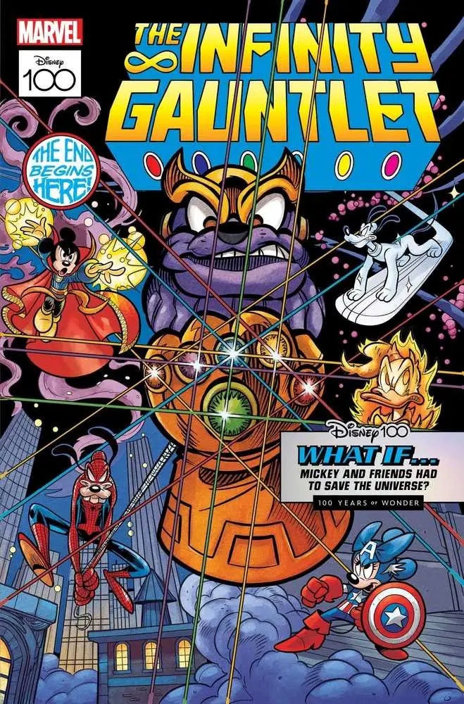 Purple-armored villain with Infinity Gauntlet surrounded by Marvel heroes on trading card cover