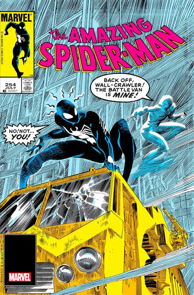 Classic Amazing Spider-Man #254 cover with black-costumed figure atop construction vehicle