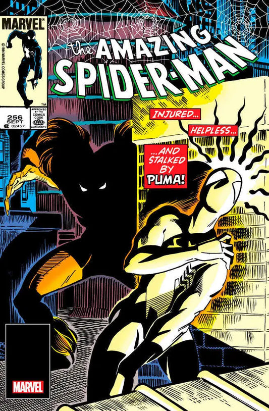 Comic book cover of Amazing Spider-Man #256 featuring Puma and a dark silhouetted figure