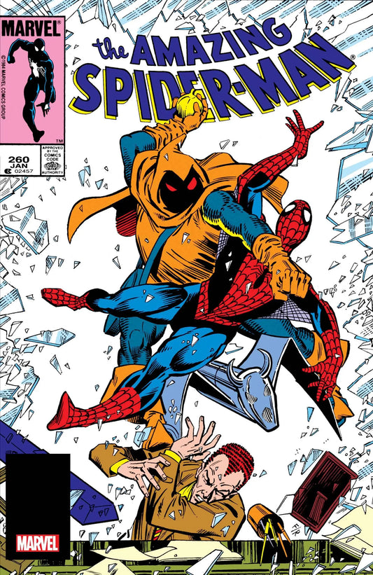 Comic book cover of Amazing Spider-Man #260 with Spider-Man in black costume battling villain