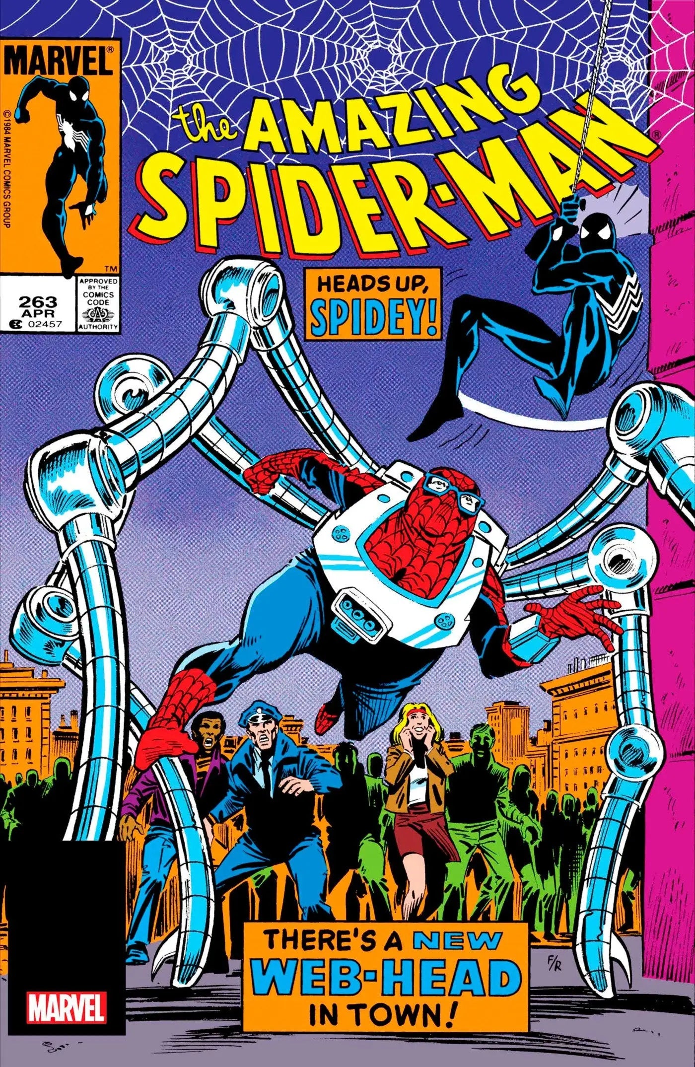 Comic book cover of Amazing Spider-Man #263 with Peter Parker ensnared by robotic arms