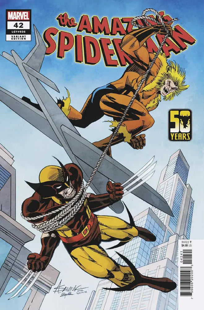 Comic book cover of Spider-Man vs Sabretooth in city, featuring Wolverine Wolverine variant