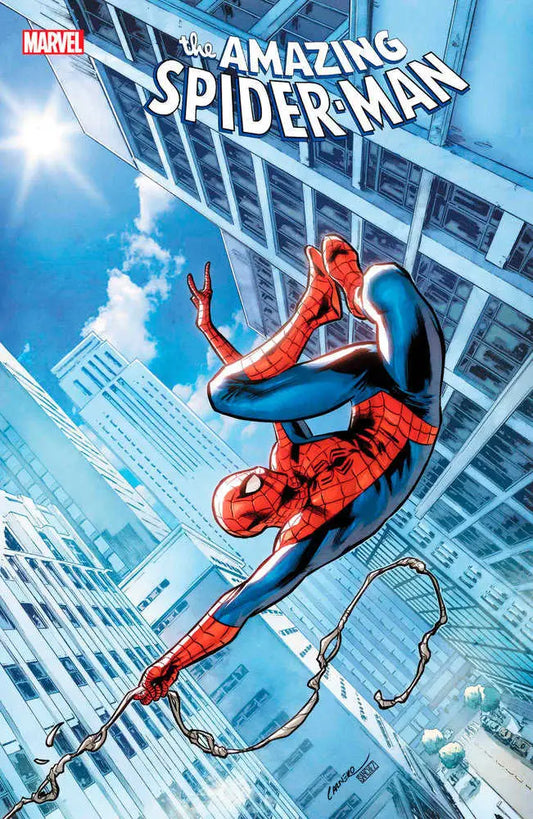 Spider-Man swings between buildings in red and blue costume on Amazing Spider-Man #45 trading card