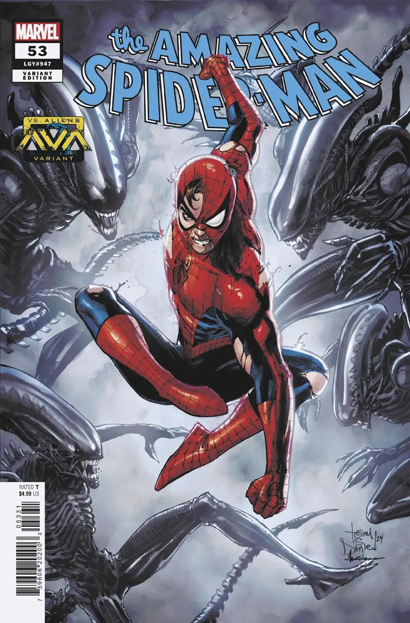 Spider-Man leaps through aliens in red and blue costume on Amazing Spider-Man #53 variant