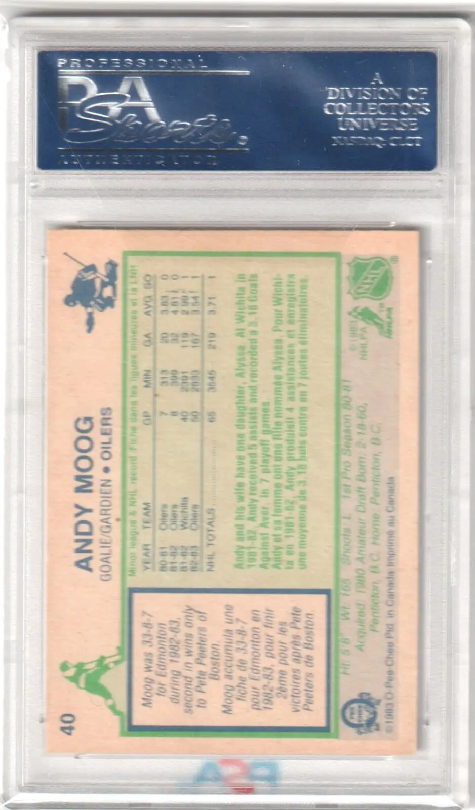 Graded Andy Moog 1983-84 O-Pee-Chee #40 PSA 9 Mint single card in protective case