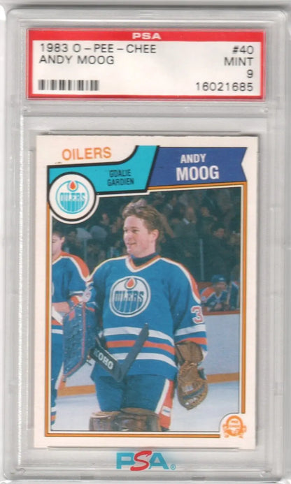 PSA-graded 1983 O-Pee-Chee Andy Moog hockey card, single cards from Columbia Hobby