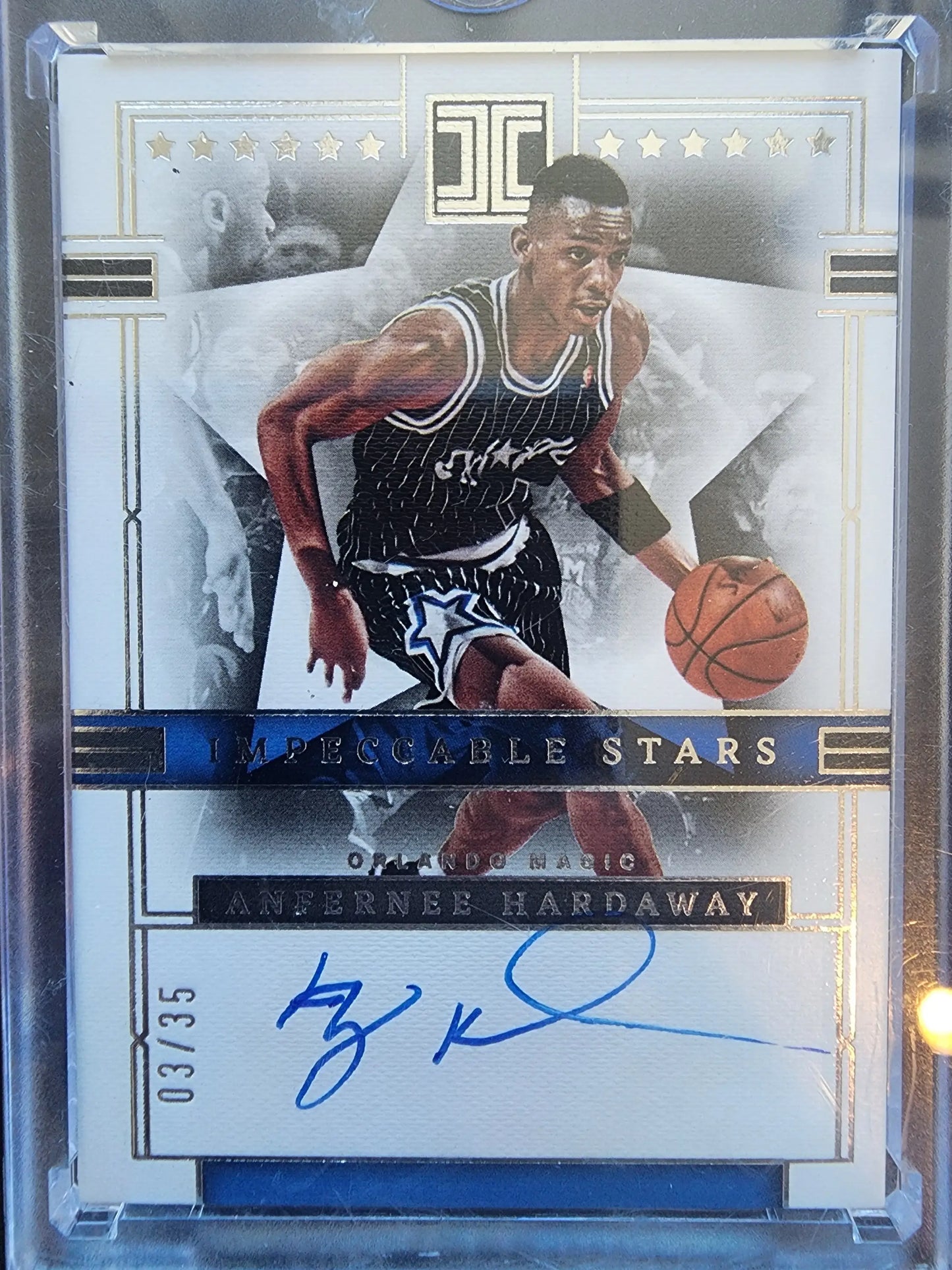 Signed Anfernee Hardaway Panini Impeccable Stars Auto trading card dribbling in jersey