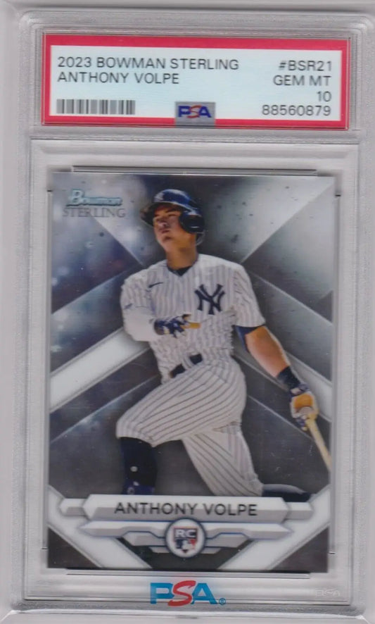 PSA-graded 2023 Bowman Sterling Anthony Volpe RC rookie card in protective case, Columbia Hobby