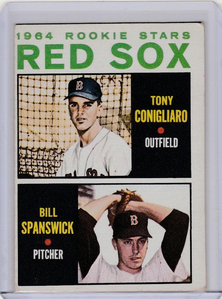 Vintage 1964 Topps Baseball card of Boston Red Sox Rookies Tony Conigliaro and Bill Spanswick