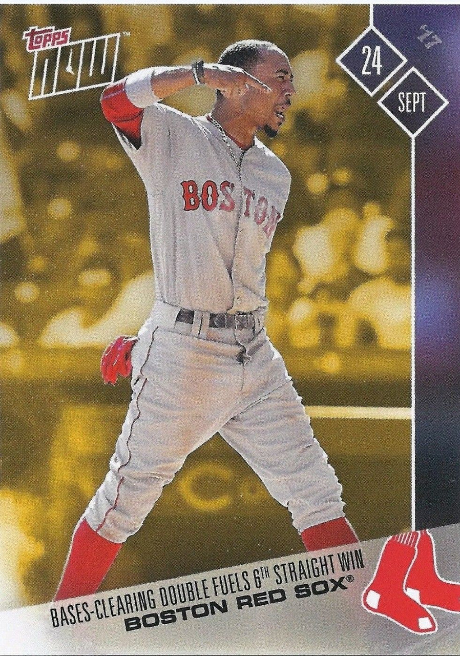 Boston Red Sox Mookie Betts mid-swing on 2017 Weekend Bonus Card design