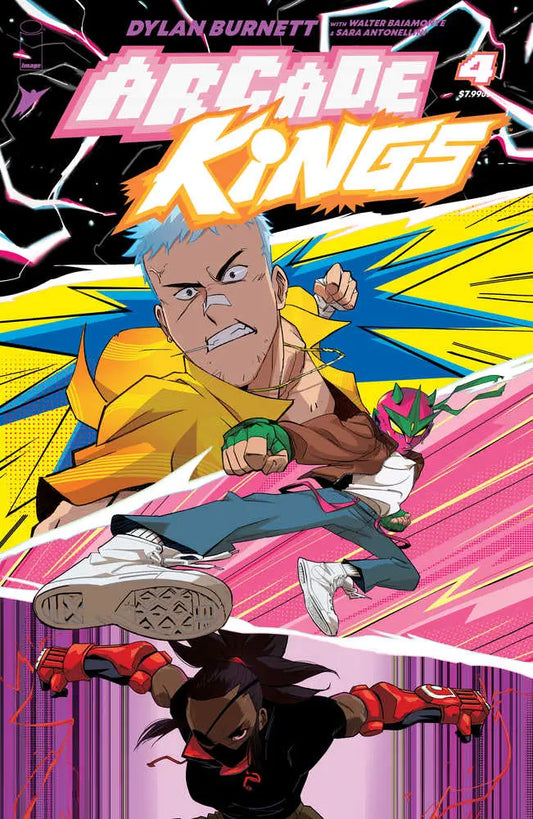 Comic book cover of Arcade Kings #4 with dynamic action poses in neon colors