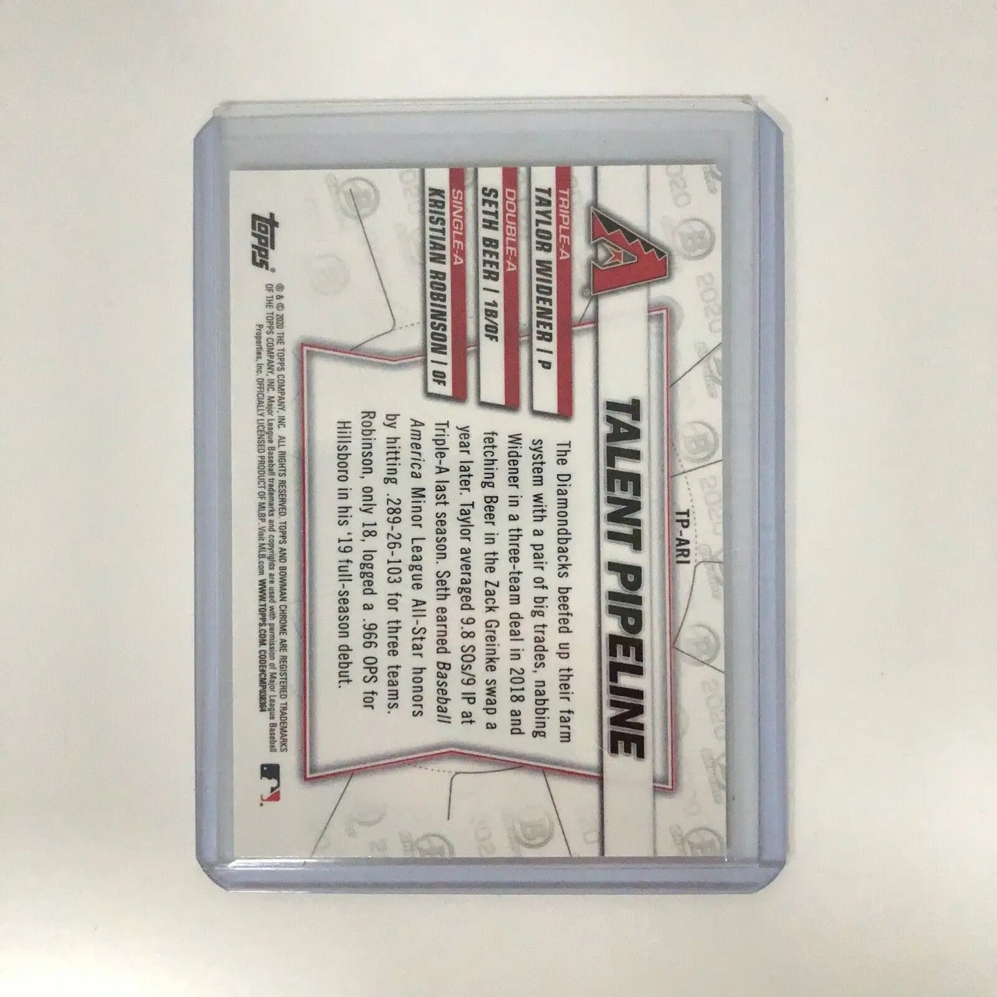 Arizona Diamondbacks Talent Pipeline 2020 Bowman Chrome Baseball card in protective case