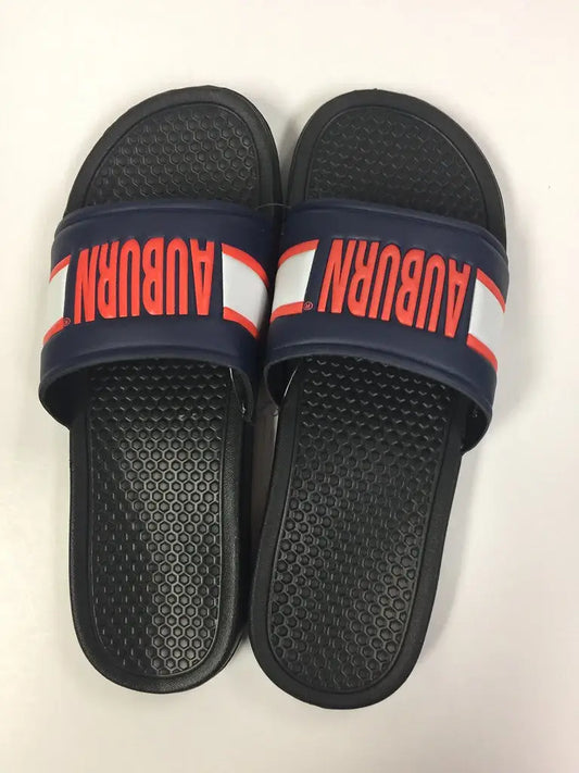 Royal Raised Auburn Tigers Men’s Slide Flip Flop Sandals in Navy Blue with Red Print