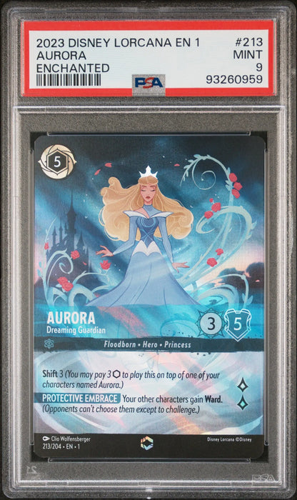 PSA-graded Disney Lorcana Enchanted card featuring Aurora in a blue gown with magical swirls