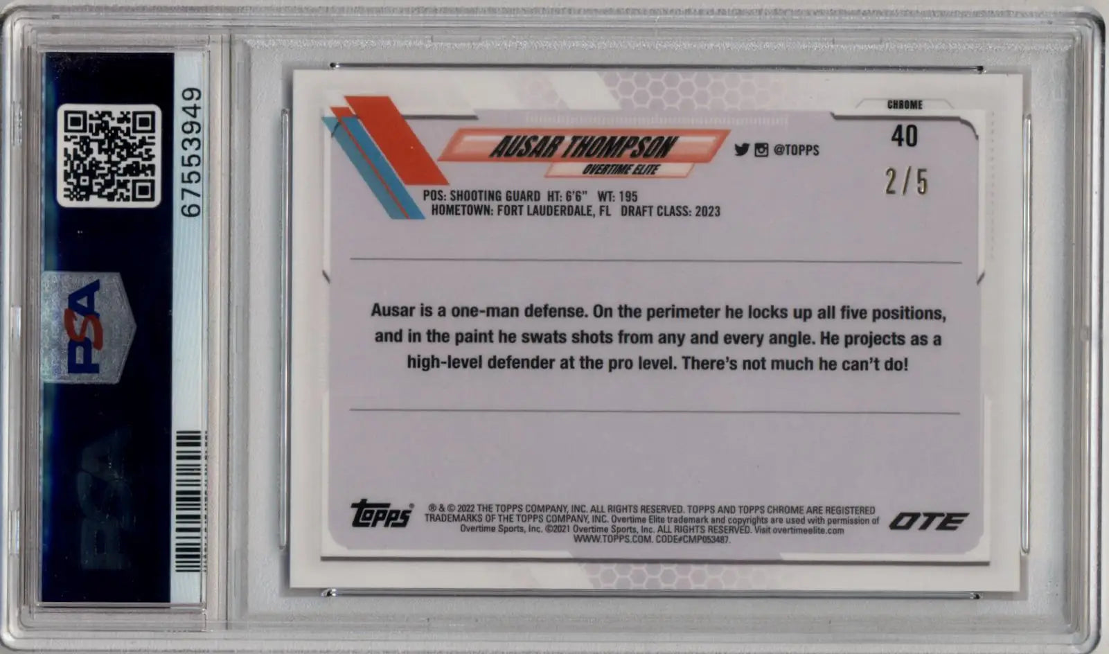 Graded Ausar Thompson Topps Chrome Overtime Elite Red Refractor in case with QR code