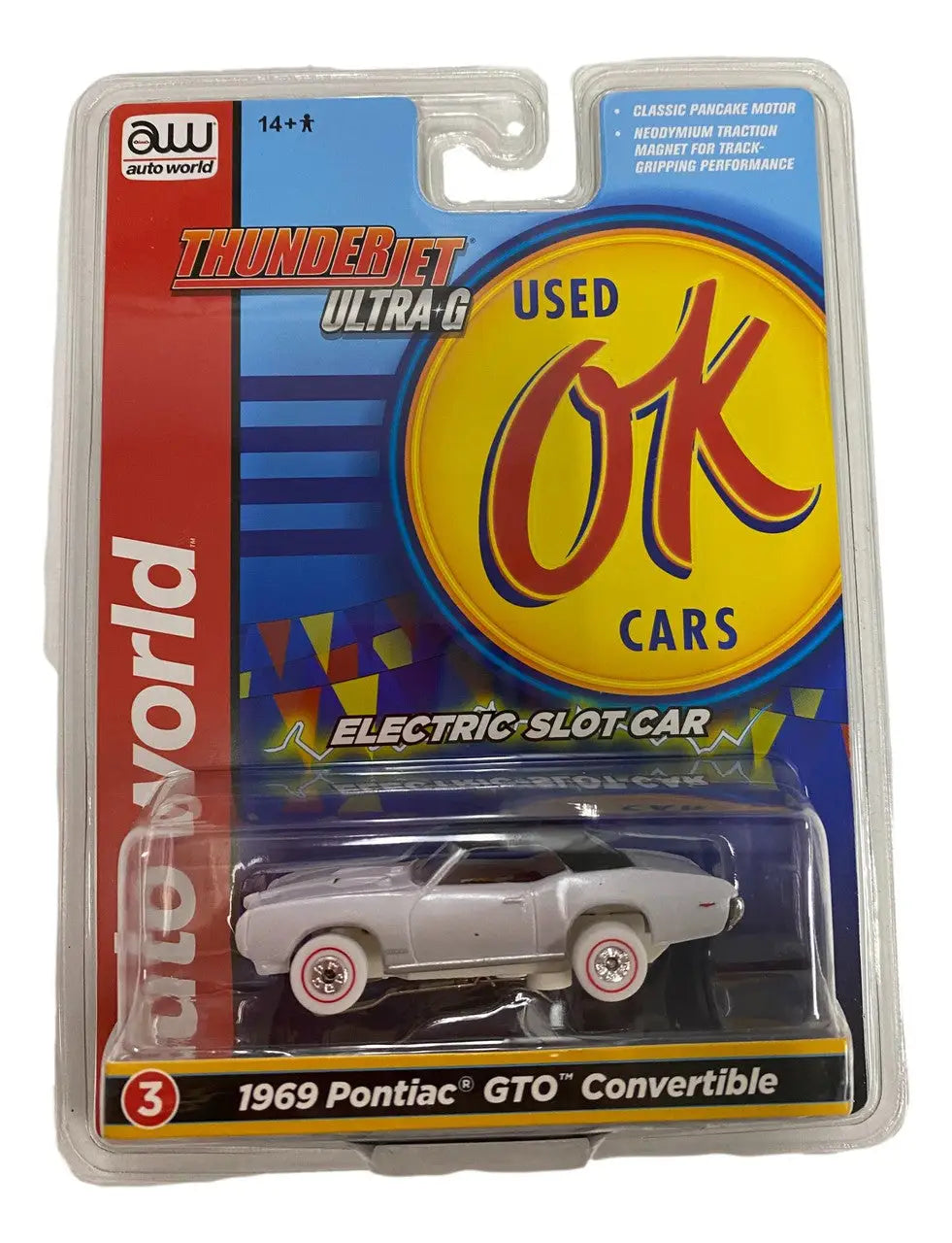 Packaged toy model of a 1969 Pontiac GTO for Auto World SC377 Thunderjet Ultra G Slot Car