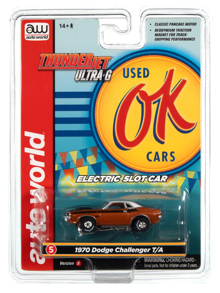 Packaged toy car model of a 1970 Dodge Challenger T/A from Auto World SC377 Thunderjet Ultra G Slot