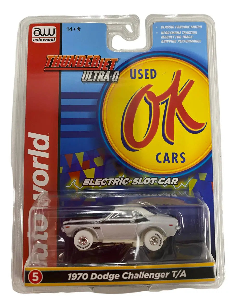 Packaged toy model of a Dodge Challenger, Auto World SC377 Thunderjet Ultra G Slot Car