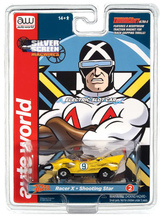 Packaged AUTO WORLD SILVER SCREEN MACHINES SC381 R1 Slot Car Racer X with superhero art