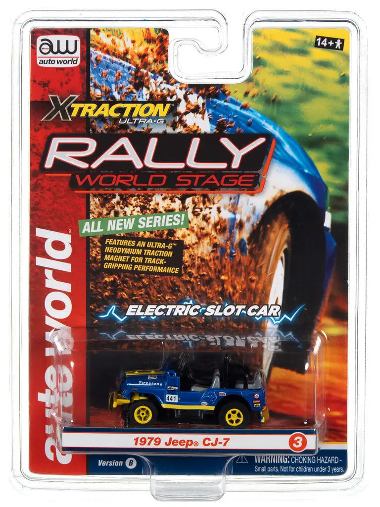 Packaged toy electric slot car of a blue 1979 Jeep CJ-7 from Rally World SC80