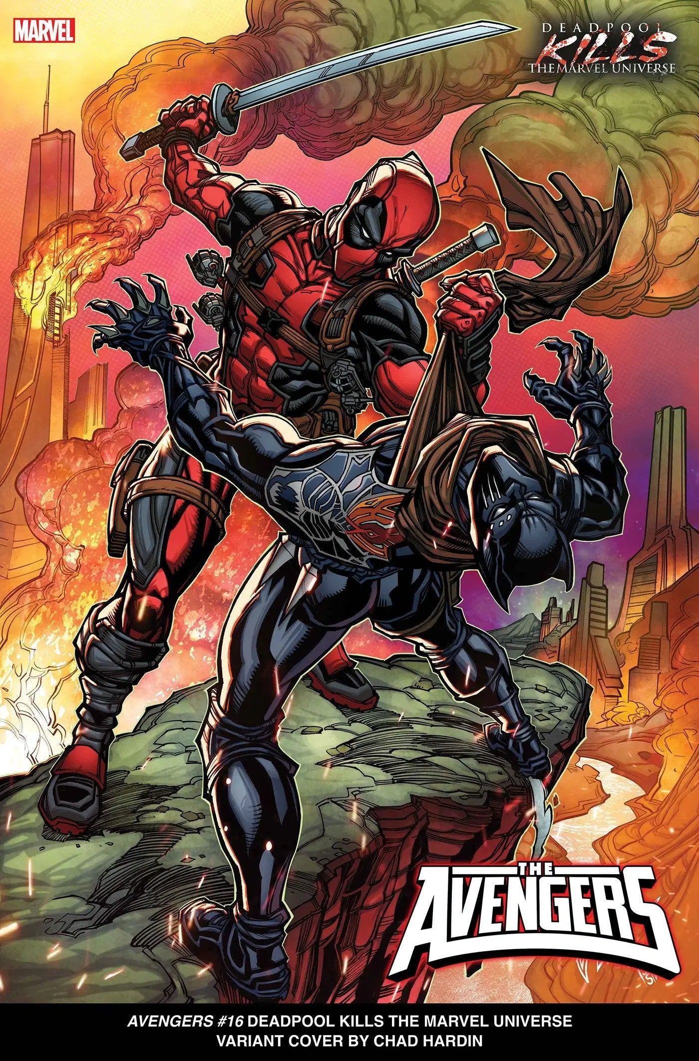 Deadpool and Venom merged symbiote wielding sword in Avengers #16 trading cards