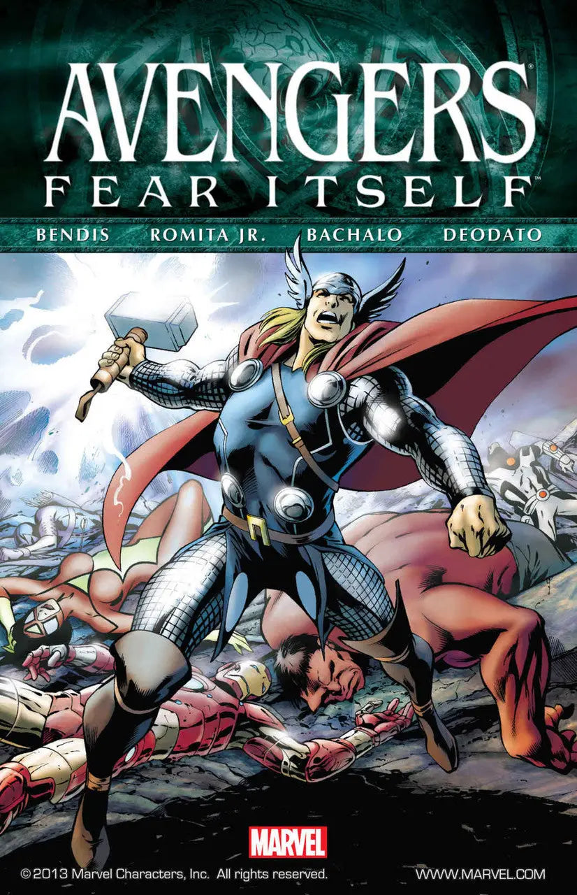 Comic book cover of Avengers: Fear Itself featuring superheroes in action against Red Skull