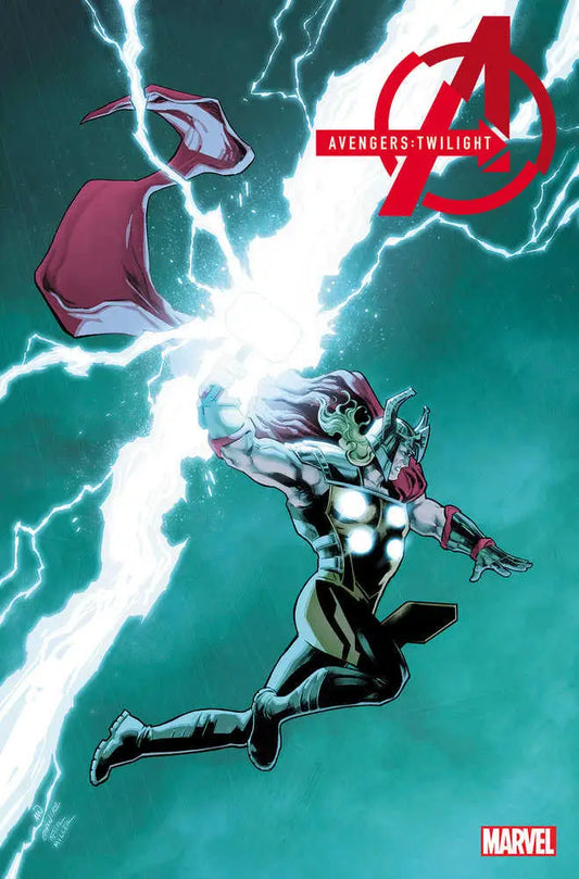 Superhero in metallic armor leaping through lightning bolts in Avengers Twilight #4 variant