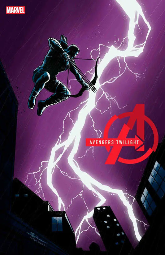 Silhouetted superhero leaps through lightning in Avengers: Twilight #5 trading card