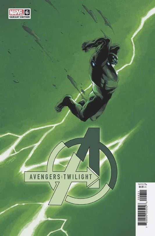 Silhouetted figure falling through green lightning bolts over Avengers logo for trading cards