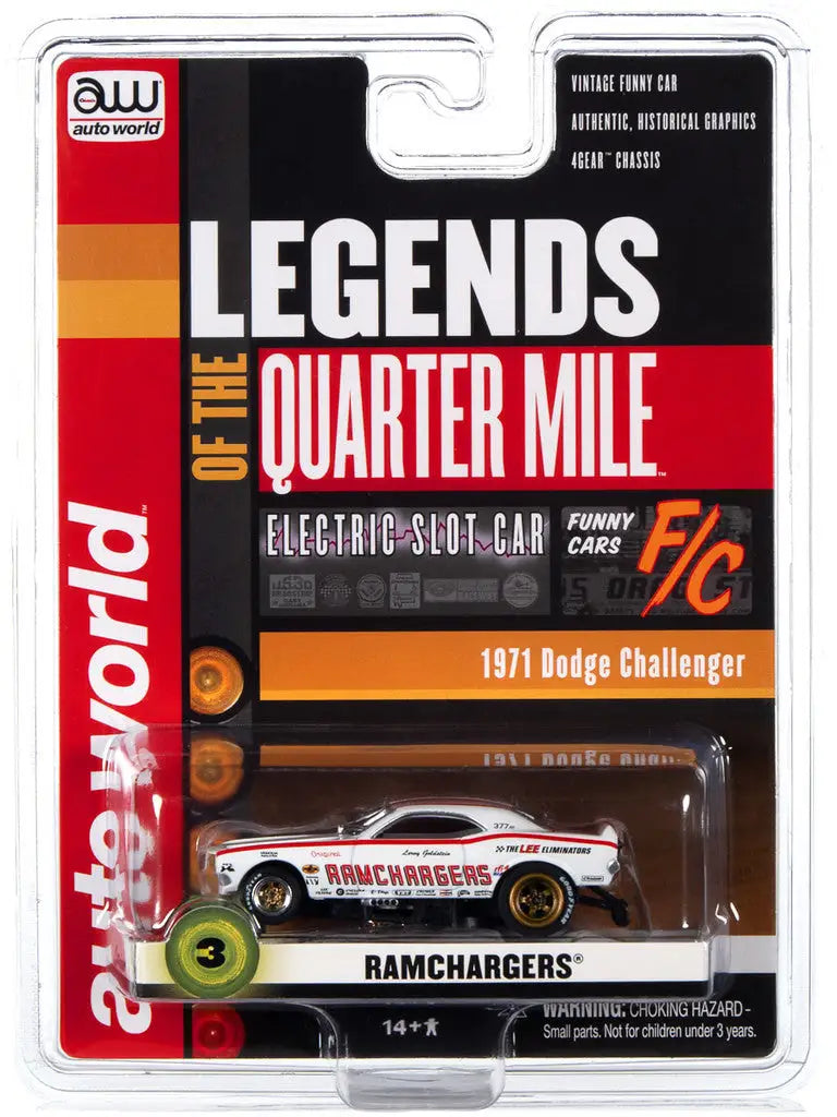 Die-cast model car of a 1971 Dodge Challenger Ramchargers in packaging for Legends SC356 R25