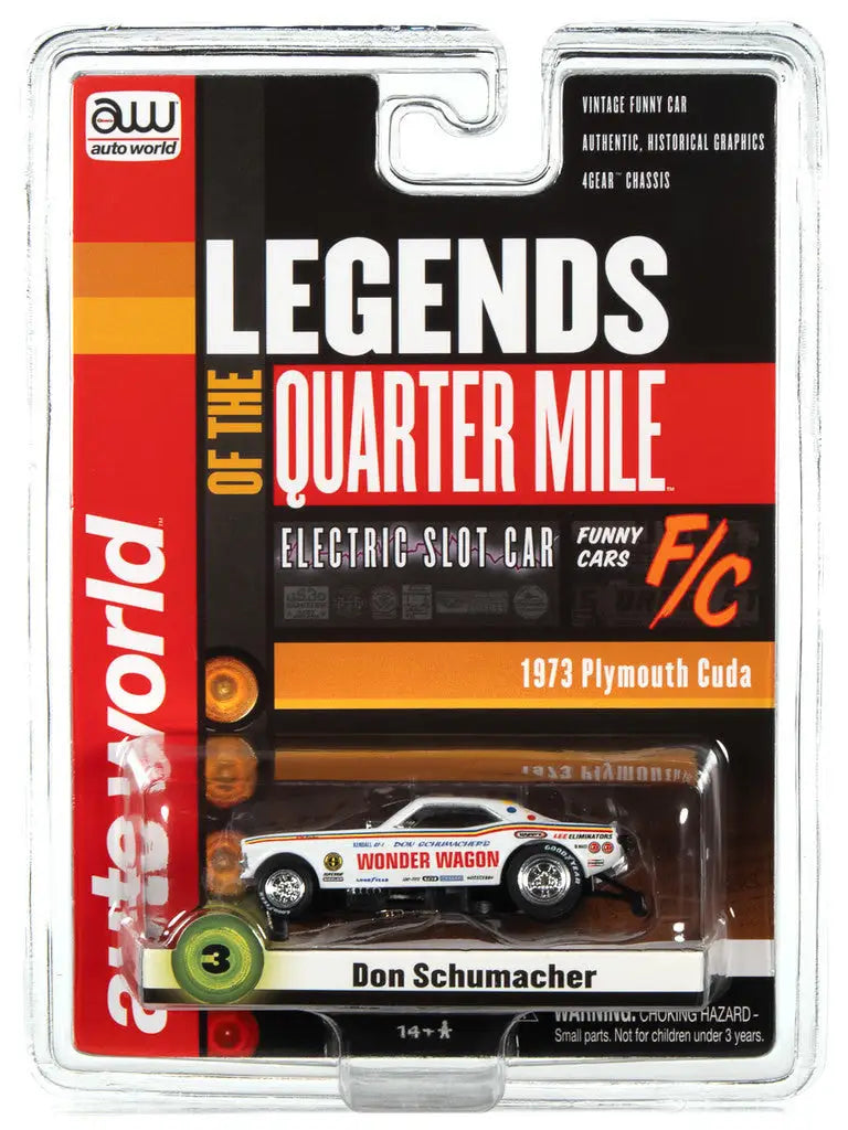 Packaged toy car model Legends SC369 R26 featuring a 1973 Plymouth Cuda Don Schumacher